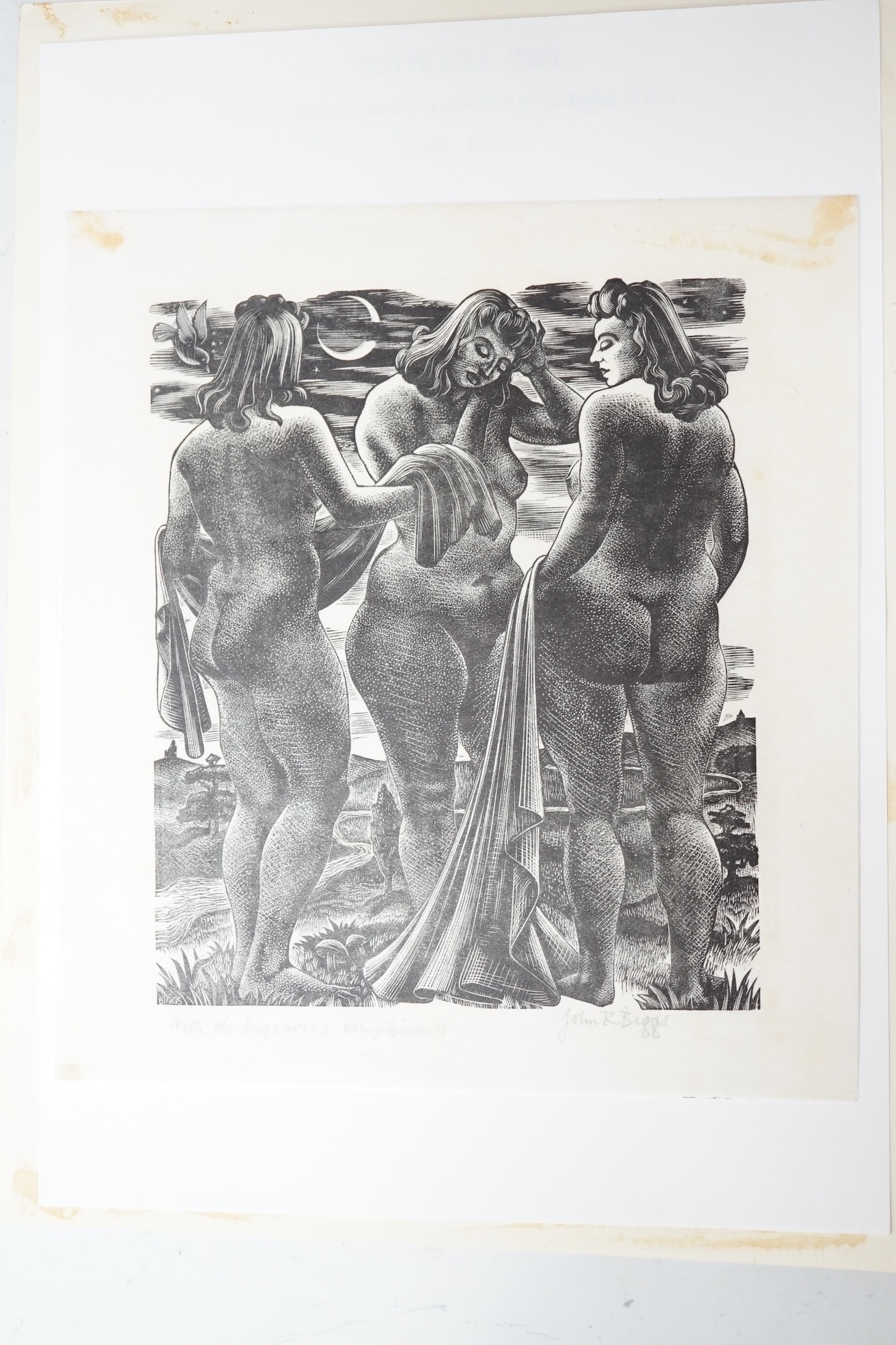 John Ralph Briggs (b. 1948), wood engraving, three nudes under moonlight, signed in pencil and inscribed 'with the engraver's compliments, sheet 22 x 20cm, unmounted. Condition - tab marks otherwise good